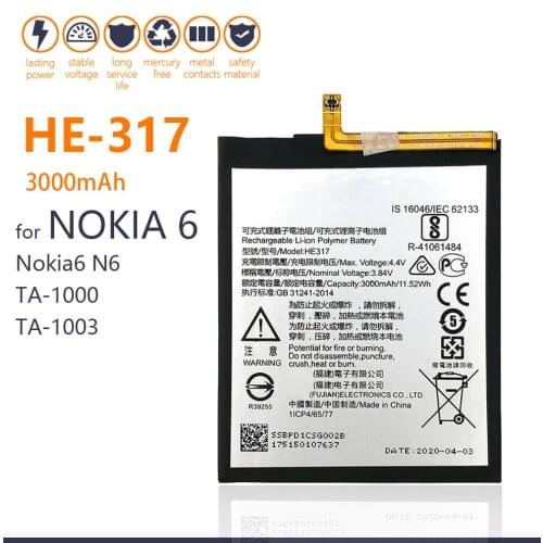 100% Genuine HE317 HE-317 For Nokia 6 N6 TA-1000 TA-1003 TA-1021 TA-1025 TA-1033 TA-103 3000mAh Mobile Phone New Batteries