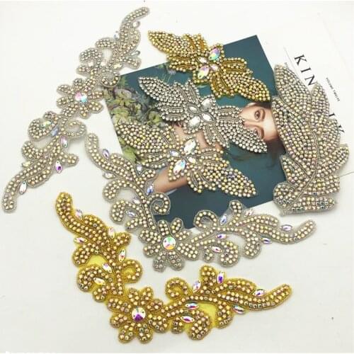 2 pcs many design Iron On Beaded rhinestone applique trimming for wedding Bridal Dress Belt Motif