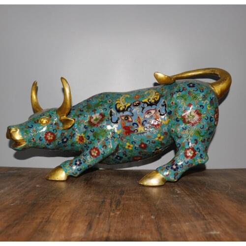 22"Tibet temple Old Bronze Cloisonne Enamel Wangcai Bull Statue Ornaments Stocks Bull body bull head pattern Bullish Town House