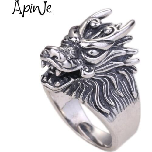 Apinje 925 Sterling Silver Vintage Fashion Gothic Punk Ancient Dragon Men Jewelry Open Ring Thai Silver Boyfriend Party Gift