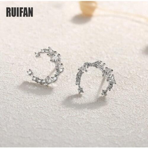 Shining Cubic Zirconia Moon White Gold 925 Sterling Silver Stud Earrings for Women Wedding Fine Jewelry Birthday Gift YEA399