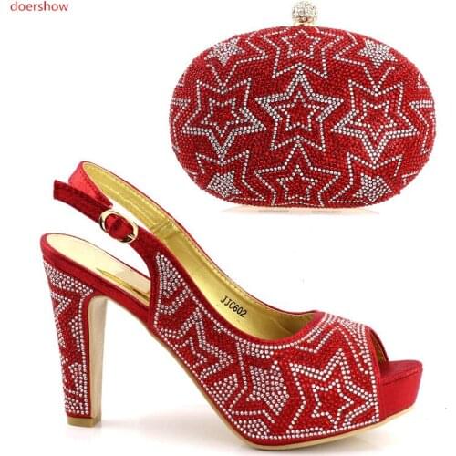 Doershow Top Quality African red Shoes And Matching Bags Set Free Shipping Fashion Dress Shoes And Bags With Stone UL1-2