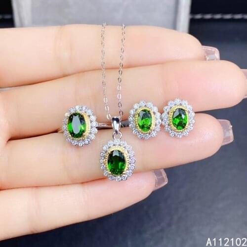 KJJEAXCMY fine jewelry 925 sterling silver inlaid natural diopside Womens trendy Flower Ring Pendant Earring Set support test