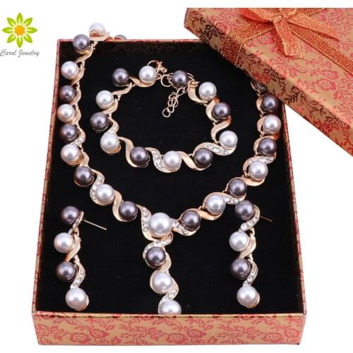 Fashion Simulated Pearl Necklace Bracelet Earrings Sets Clear Crystal Gold Color Women Wedding Jewerly Sets With Gift Boxes