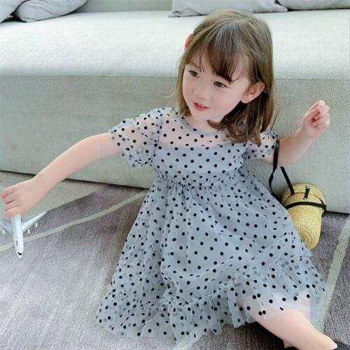 Dot Print Casual Dress for Kids Short Sleeve Summer Clothing Knee-Length Ball Gown O-Neck Girls Dresses Mesh Patchwork Dress