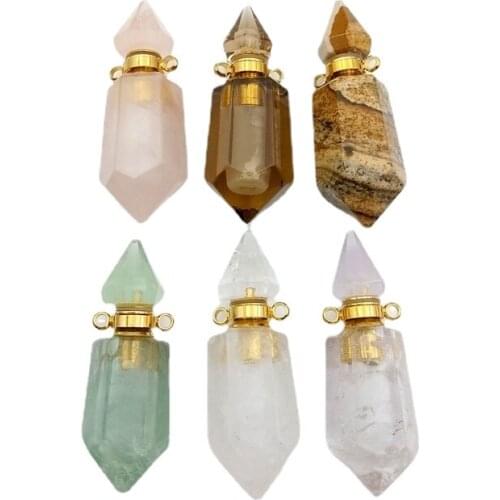 Natural hexagon prism Point Faceted fluorite Bottle gems stone Perfume Bottle pendant Boho Vial Healing Crystal Jewelry