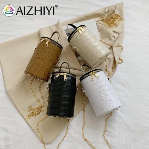 Simple Barrel Shaped Women Shoulder Bag Fashion Trend PU Leather Cylinder Gold Chain Casual Shoulder Messenger Bag