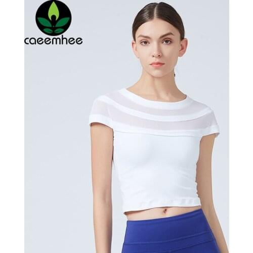 CAEEMHEE Mesh Fitness Shirt Running Workout Quick Dry Short Sleeve Yoga Tops for Women Gym Cropped Top Padded Sports T-shirts
