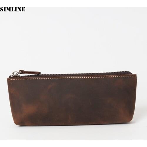 SIMLINE Genuine Leather Pen Pencil Bag Men Woman Vintage Crazy Horse Cowhide Long Zipper Wallet Coin Purse Storage Bag Case Male