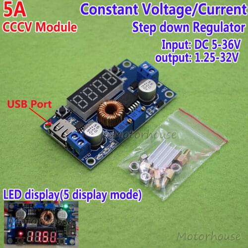 DC-DC 5A LED Lithium NiCad Battery Charger Module with Voltmeter Ammeter Display Input 5V-36V Output 1.25V-32V