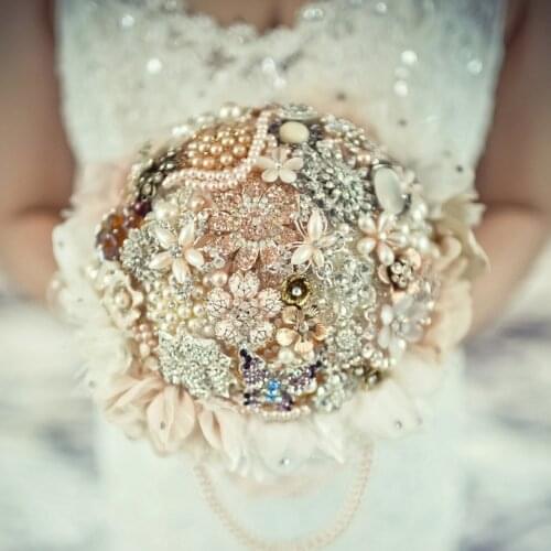 8 inch Retro Custom Champagne Gold Brooch Bouquet Bridal brides Crystal Pearls Jewelry Bouquet vintage golden Wedding decor