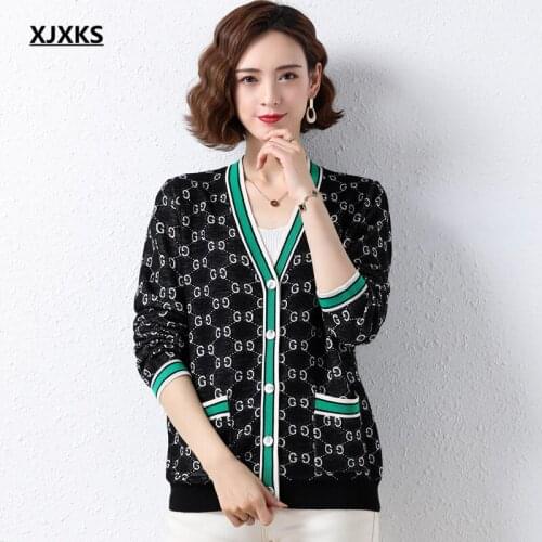 XJXKS 2021 autumn winter new fashion V-neck women cardigan sweater high quality comfortable wool knitted sweater women jacket
