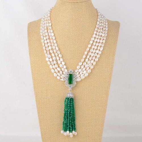 Womens 20" 5 Strands White Baroque Pearl Green Stone Necklace CZ Pendant