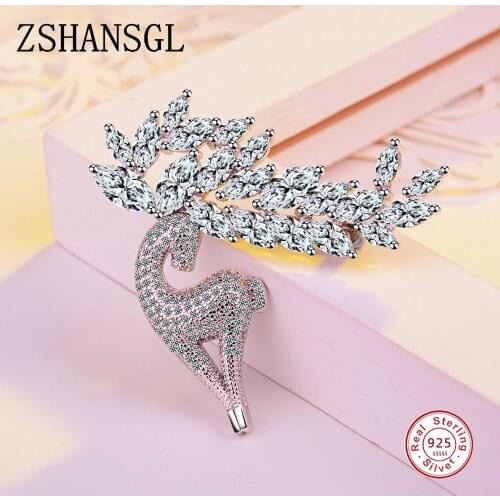 Women Fashion Luxury 925 Sterling Silver Shiny Crystal CZ Cute Deer Reindeer Brooch For Lady Party Brooches Pins Gift Jewelry