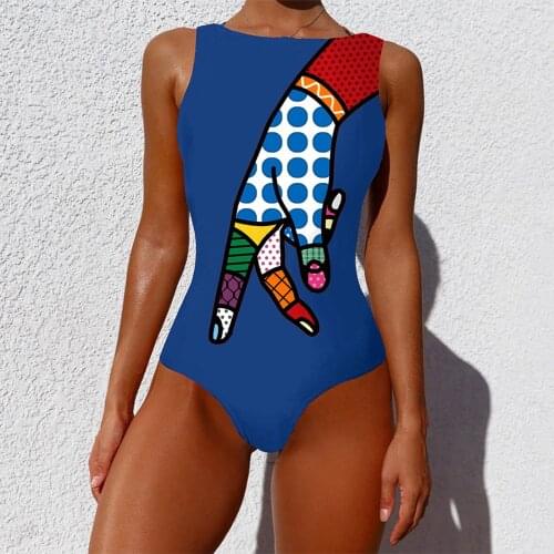 Women Swimsuit Sexy Swimwear Graffiti Abstract Print Wide Straps High Neck Backless Bathing Bikini One Piece Bodysuit Monokini