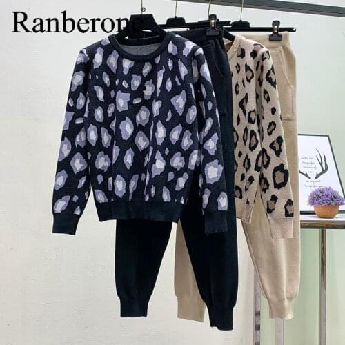Ranberone Leopard Casual Tracksuit Women Autumn Winter Sweatshirts And Pants Outfits Jogging Femme Outfits 2 Two Piece Set