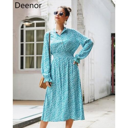 Deenor Sexy Shirt Collar Women Dress Holiday Ruffle High Waist Bandage Print Floral Dresses Ladies Spring Summer Elegant Dress