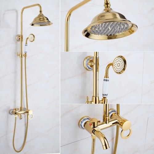 Gold Solid Copper Bathroom Shower Faucet Wall Mounted Vintage European Style shower set Antique Shower Mixer