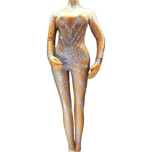 Glistening Rhinestones Long Sleeve Jumpsuits Women Birthday Party Skinny Stretch Bodysuit DJ Singer Show Performance Stage Wear