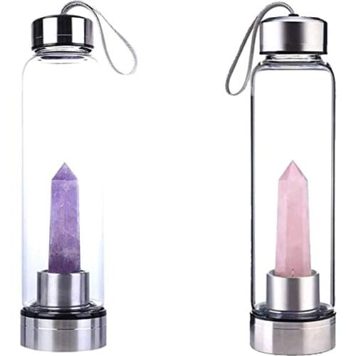 Rose Quartz Amethyst Glass Water Bottle Gemstone Elixir Bottle Natural Crystal Point Healing Obelisk Wand Energy Cup DEC641