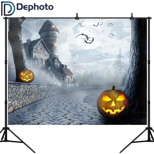 Dephoto Halloween Old Castle Grimace Pumpkin Photography Backdrop Misty Road Haunted House Bats Background Photo Studio Props