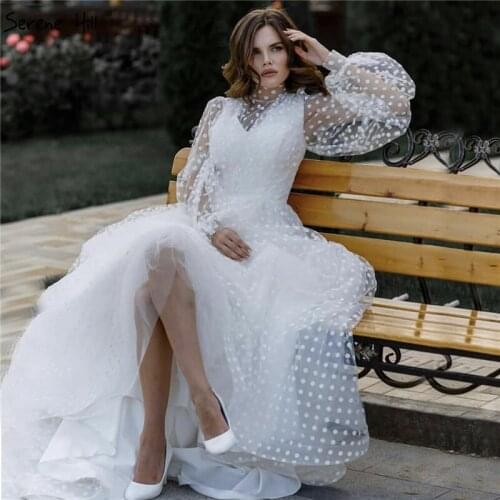 Long Bubble Sleeves A-Line Sexy Prom Dresses 2020 Round Dot Pattern Simple Party Gowns Long Dress Serene Hill DLA70231