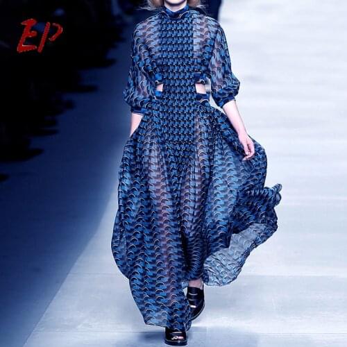 EP Female Fashion 2021 Summer New Print Dress For Women Stand Collar Long Sleeve High Waist Hollow Out Midi Bodycon Dress