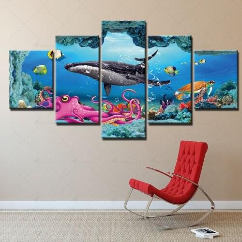 Canvas Hd Printed Home Decoration Octopus Painting Modern Animal Poster Wall Art Picture For 5 Panel Living Room Modular Framed