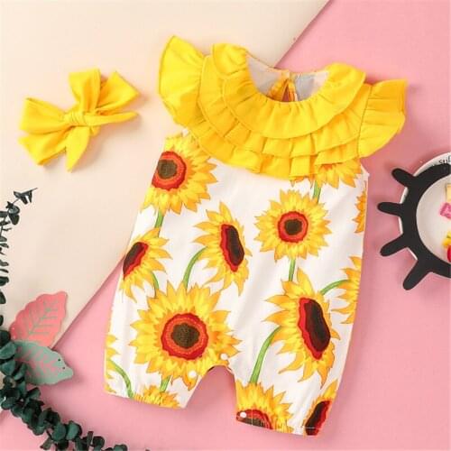 0-18M Summer Clothing Baby Girl Set Floral Print Sleeveless O-neck Jumpsuit Cotton Outfits Ruffles+Solid Color Infant Clothes