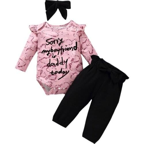 2021 Spring Baby Girl Clothes Set Long Sleeved Printed Romper Casual Pant Bow Headband 3pcs Suit Newborn Outfit Valentines Gift