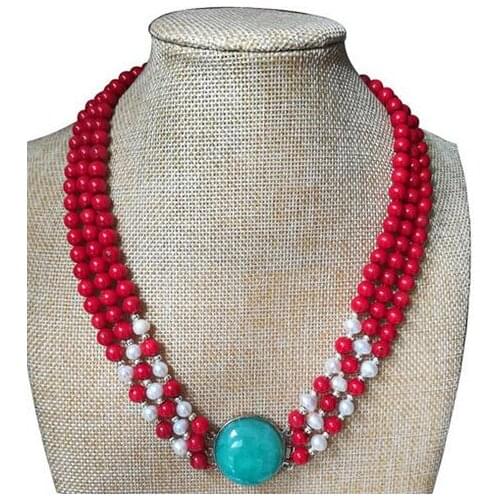 Beautiful 3 Rows 7-8mm White Freshwater Pearls & Red Coral Beads Necklace jade Clasp (17"-19")