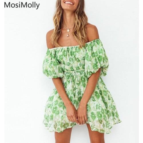 MosiMolly 2021 Summer Print Dress Off Shoulder Puff Sleeve Dress Boho Beach Mini Dress