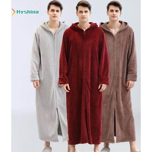 Mens Winter Flannel Pajamas Plush Zipper Hooded Bathrobe Nightgown