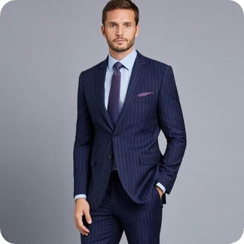 Navy Blue Stripe Mens Classic Suits for Business Tailored Male Blazers 3Piece Jacket Pants Vest Costume Homme Slim Fit Ternos