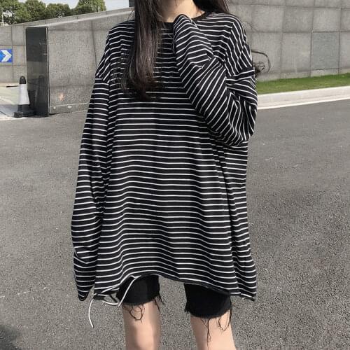 Autumn New Style Womens Art Loose Mid-length Pinstripe Ripped Cotton Long-sleeved T-shirt Skirt Womens Bottoming Shirt