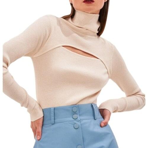 2021 autumn winter new sexy front hollow out sweaters jumper Womens long sleeve turtleneck slim knitted pullover soft warm tops