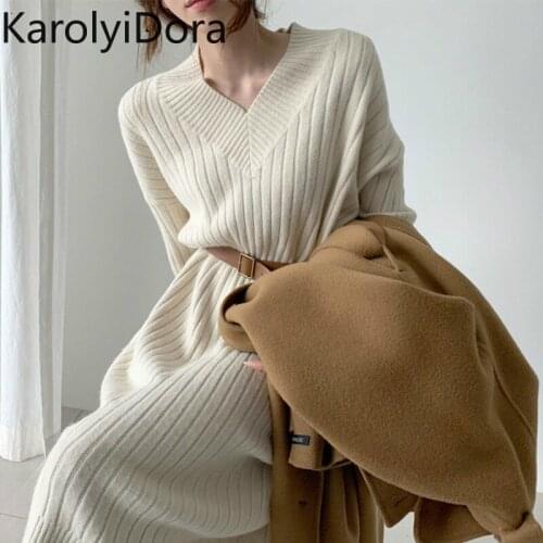 Autumn Winter Straight Knitted Dress Women V-neck Female Sweater Dress Casual Female Knitted Pullovers Dress Maxi Vestidos 2020