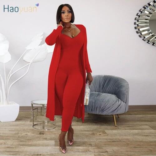 HAOYUAN Sexy Two Piece Set Jumpsuit Bodycon Spaghetti Strap Jumpsuit+long Sleeve Cardigan Fashion Fall Clothes for Women Outfits