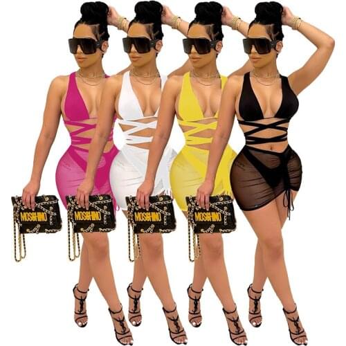 Sexy Women Skirt Set Hollow Out Tank Top And Mini Dress See Through Tracksuit Matching Sets Outfit