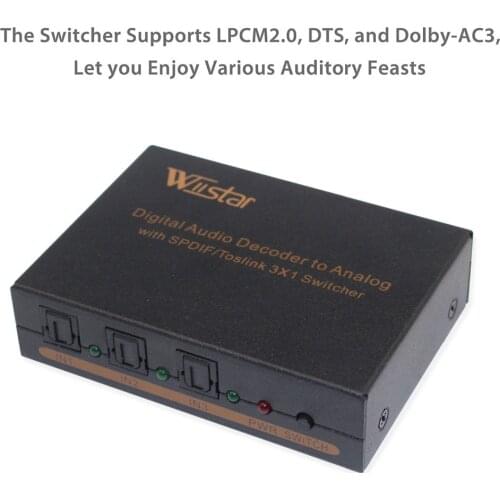 Wiistar Digital Aduio Decoder SPDIF Splitter 3X1 SPDIF to RCA L/R Audio Toslink Switcher 5.1 audio decoder