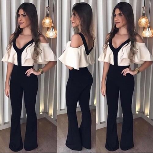Off Shoulder Ruffle Jumpsuit for Women 2020 Summer Sexy Deep V Slim Rompers Office Work Wear Elegant Ladies Party Wide Leg Pant