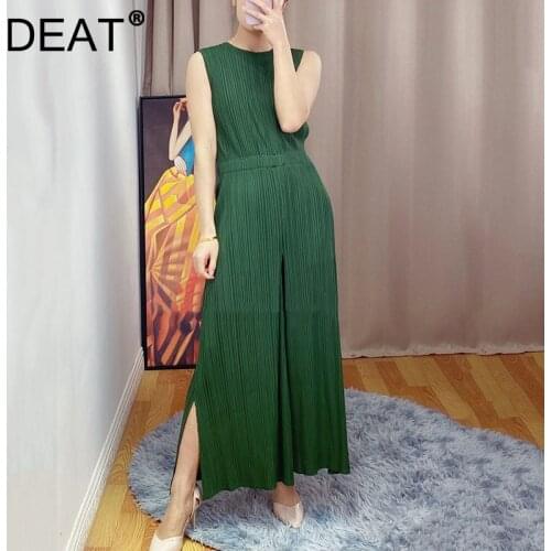 DEAT Woman Pleated Wide Leg Jumpsuits Solid Round Collar Sleeveless High Waist Loose Elegant Casual 2021 New Summer 15XF812