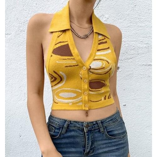 Women Halter Vest, Wavy Pattern V-neck Shirt Breasted Lapel Tops Knitted Sleeveless Blouse