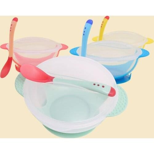 3Pc/set Kids Learning Dishes With Suction Cup Baby Safety Dinnerware Set Assist Bowl Temperature Sensing Spoon Fork Tableware