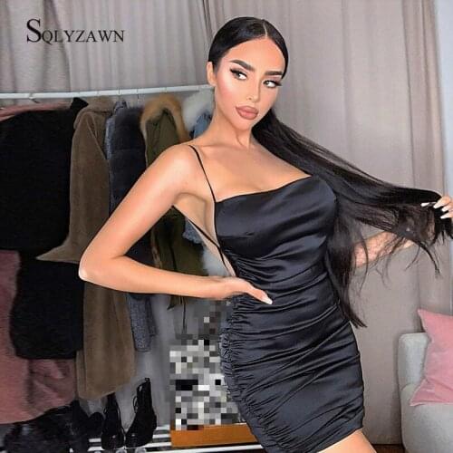 Satin Sleeveless Backless Ruched Sexy Lace Up Slim Mini Dress Women Summer Spaghetti Strap Dresses Club Party Outfits Vestidos