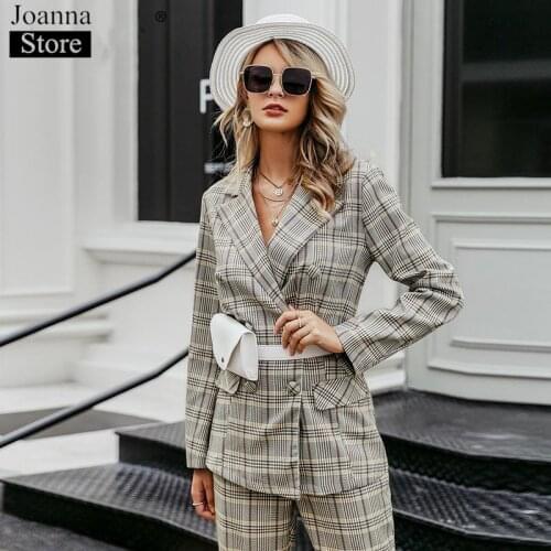 Autumn Winter Women Plaid Double Breasted Slim Blazer Set Suit Long Sleeve Lapel Suits Trouser Casual Office Ladies Elegant Set