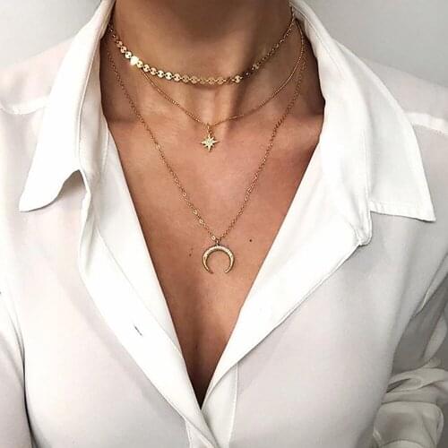 Boho New Fashion Sequin Crystal Sun Horns Pendant Necklaces For Women Vintage 2020 Gold Necklace Multilayer Female Jewelry Gift