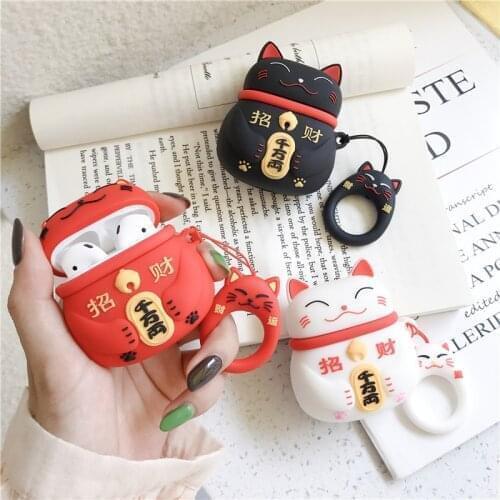 50pcs/lot Lucky Cat Wireless Earphone Case Protector Anti-lost Earbuds Cover for Airpods 1/2 Cases Charging Box with Ring Strap