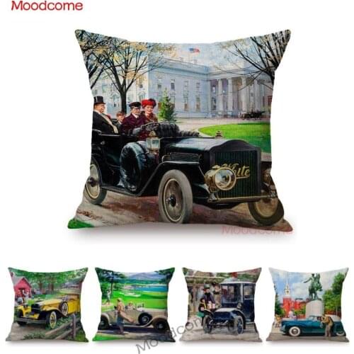 Hand Drawing Old School Car Vintage Car Poster Art Home Decorative Sofa Throw Pillow Case Cotton Linen Chair Seat Cushion Cover