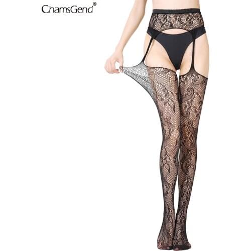 Leaf Floral Pattern Black Lace Stockings Women Sexy Fishnet Tights Garbelt Suspender Pantyhose Hosiery Club Party Long Stocking